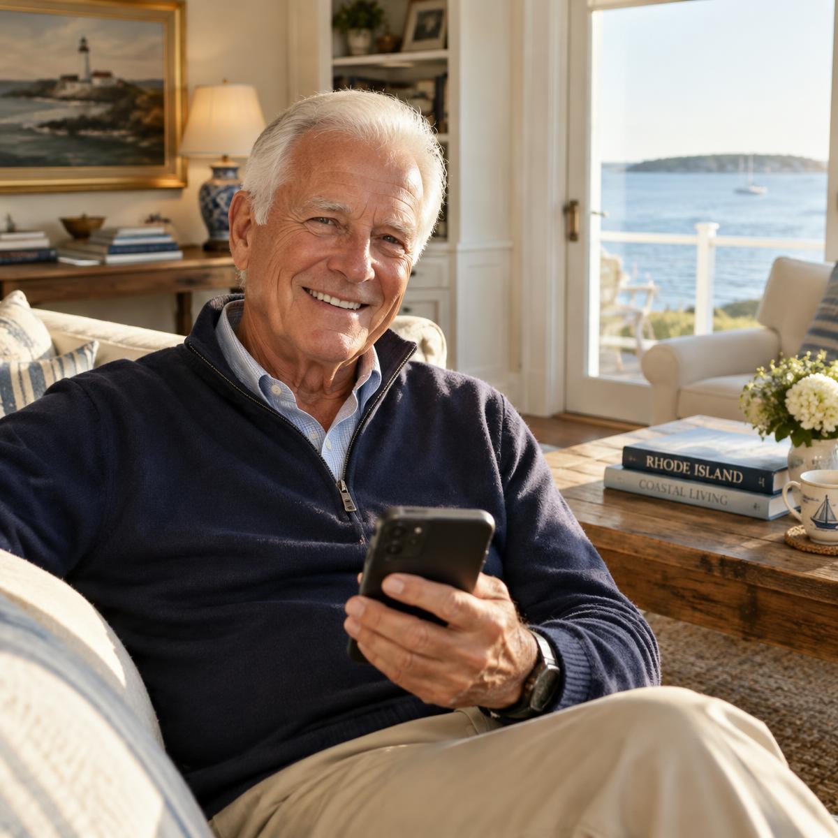 A smiling older man holding his smartphone at home